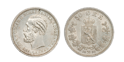 Kong Oscar IIs 50-øre i sølv fra 1893 